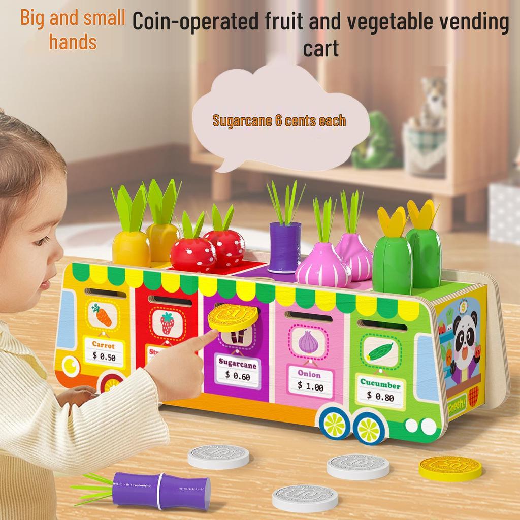 Kids' Educational Fruit & Veggie Vending Cart: Multifunctional Shape & Color Matching Toy with Pull-Along Radishes for Early Learning