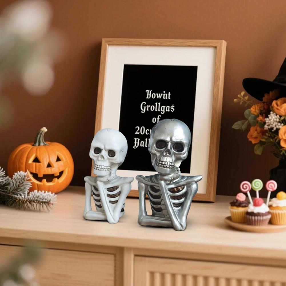 2 Pcs Gothic Skeleton Figurine Creepy Halloween Skull Statue Realistic Resin Tabletop Ornament for Home Bookshelf Decoration