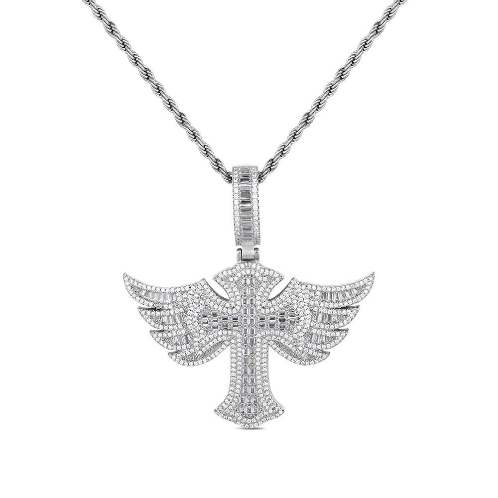 Angel Wings Cross Diamond Pendant Fashion Personality Trendy Men Zircon Jewelry Hip Hop Twist Chain