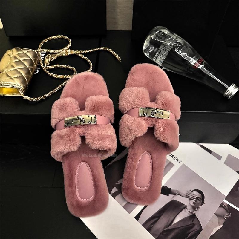 

Small gold buckle flat-bottomed fluffy slippers for women wearing new comfortable and lightweight one-pedal thermal cotton slippers 40 розовый
