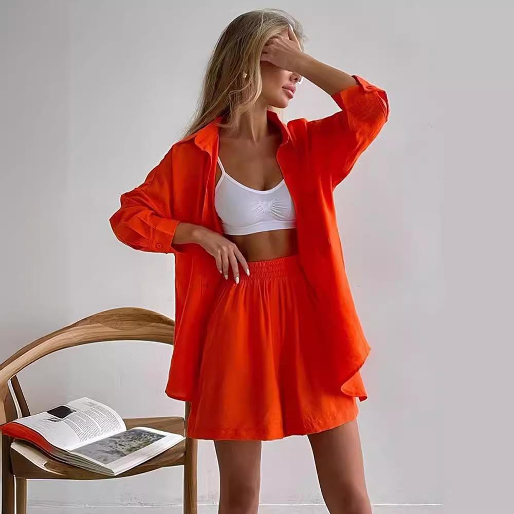 GMXIA Spring Solid-color Single-breasted Long-sleeved Shirt and Loose, Fashionable Casual Shorts Set