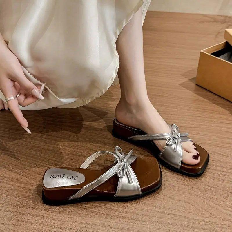 Korean Fashion Bow Wedge Slippers Female 2025 Summer New Retro Open-toed Fairy Wind Thick-bottomed Cool Slippers