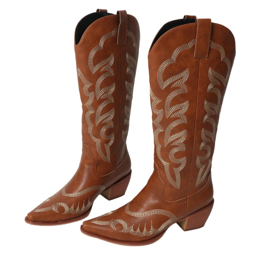 FOREADA Women Knee High Cowgirl Long Boots Pointed Toe Chunky High Heels Embroidery Wester Gogo Boots Ladies Fashion Shoes Winter 43