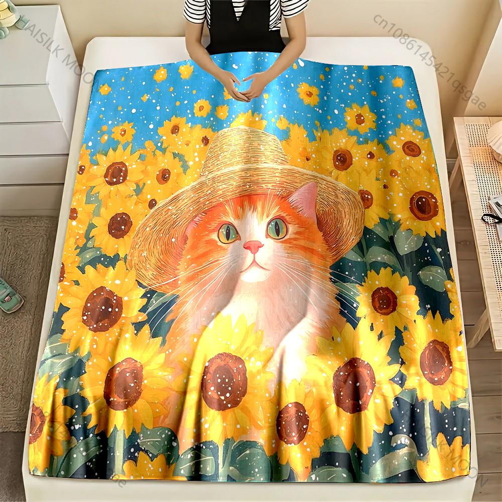 

Next Day Shipping Cute Sunflower Cat Printed Blanket Bedroom Living Room Sofa Chair Office Nap Soft Shawl Blanket Holiday Gift 75x90cm