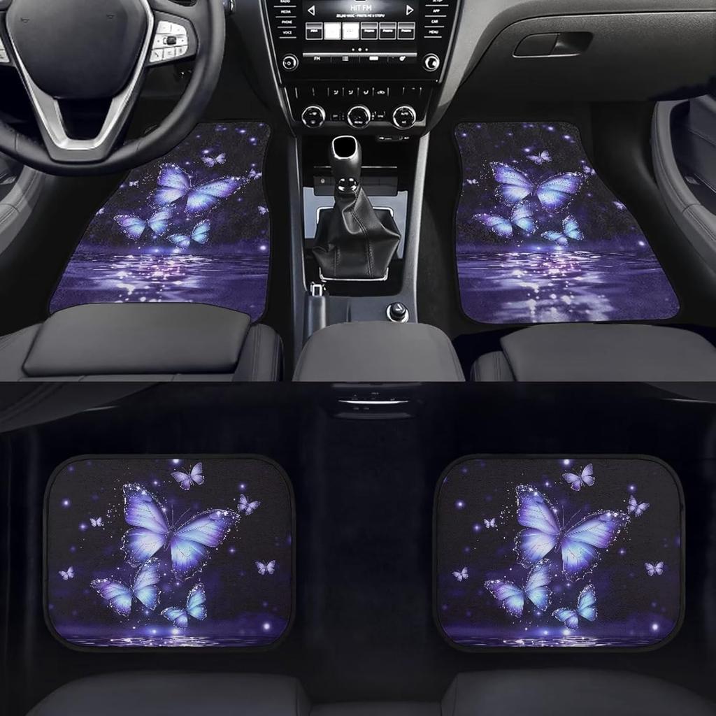 4pcs Purple Blue Butterfly Print Car Floor Mats | Durable Waterproof Universal Fit Automotive Carpet Set for Women, Interior Car Care, Decorative Mats