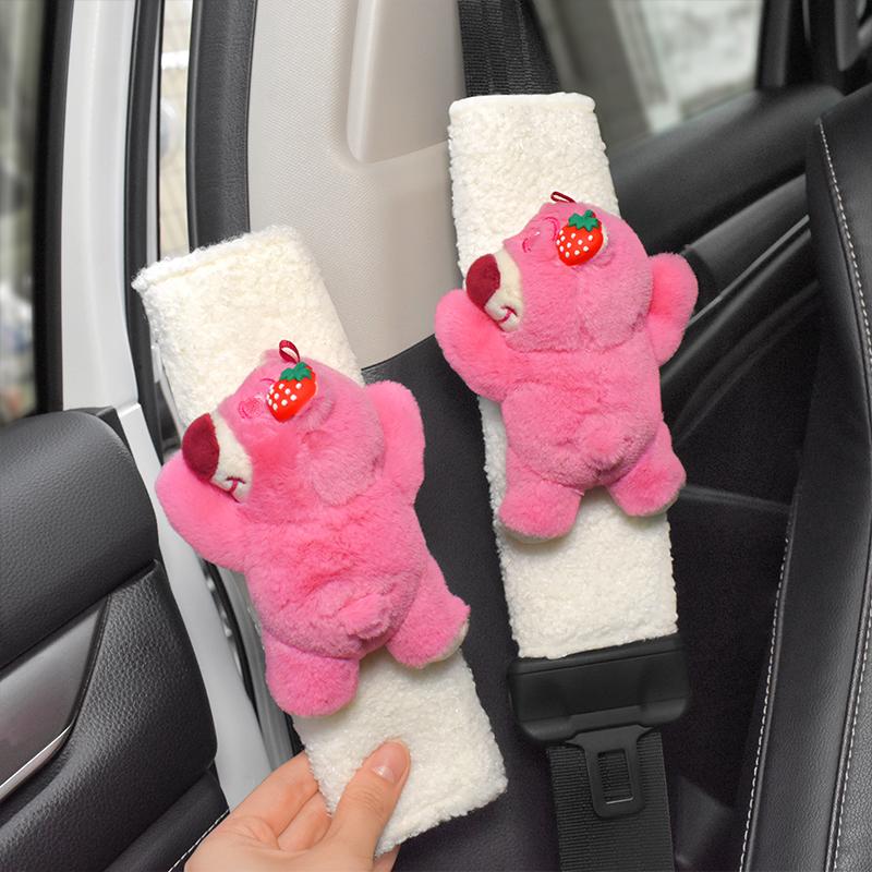 Car Seat Belt Cover Anime Strawberry Bear Plush Auto Seat Belt Shoulder Protector Pad Car Interior Accessories For Christmas