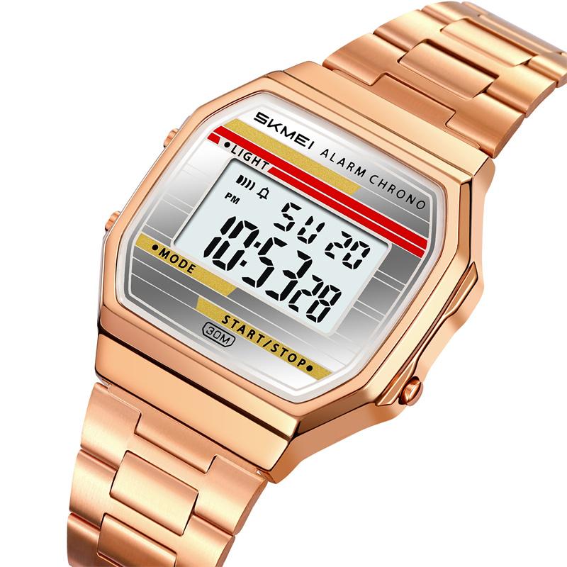 Skmei Classical Style Unisex Digital Watches with Date Week Stainless Steel Strap 12 24 Hour Format LED Waterproof Fashion Time