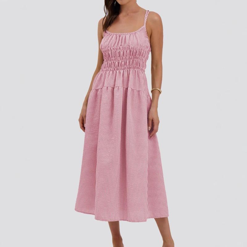 Women Sexy Loose Striped Suspender High Waist Slimming Commuting Midi Dress