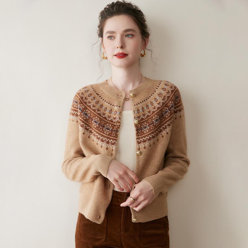 Women's Retro Fair Isle Cashmere Cardigan - Soft Long Sleeve Wool Sweater with Round Neck