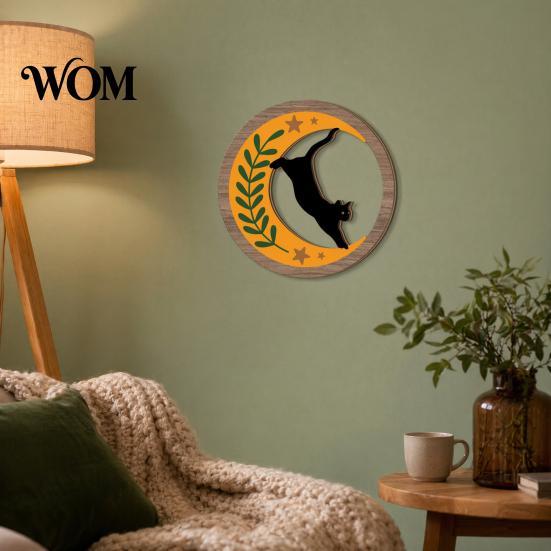 Wooden Cat Wall Art 4Pcs 3D Boho Decoration, Round Hangings, Animal Star Sun Moon Silhouette Botanical Decor, Layered Wood Plaque for Living