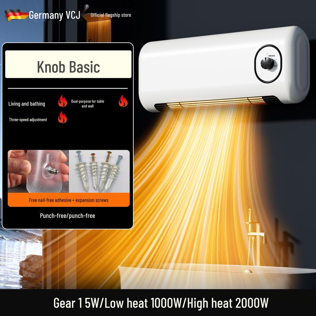 Încălzitor de baie cu telecomandă montat pe perete: Suflantă inteligentă cu temperatură constantă rece/caldă cu utilizare dublă, instalare fără găurire.