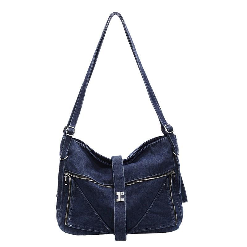 Denim Crossbody Bag Women Minimalist Casual Shoulder Tote With Zip Soft Medium Size In Black Navy Light Blue