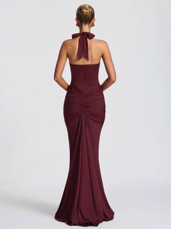 2025 European-American Style Sexy Backless Deep V Halter Evening Gown with Pleats