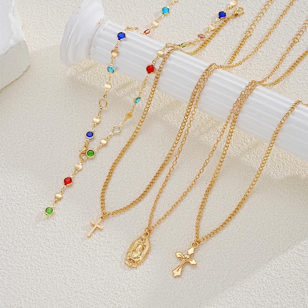 4Pcs/Set Cross Colorful Crystal Necklaces For Women Simple Gold Silver Color Y-Shaped Pendant Necklace Set New Christian Jewelry