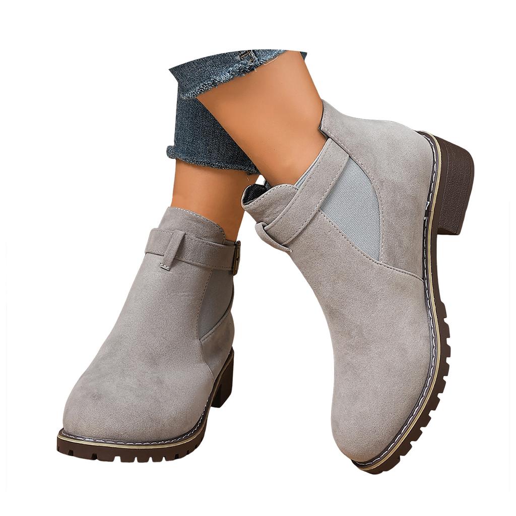 Veelzijdige Mode Dames Enkellaars met Dikke Hak, Elastische Inzet en Suède Enkellaars Regenlaarzen voor Dames Kort