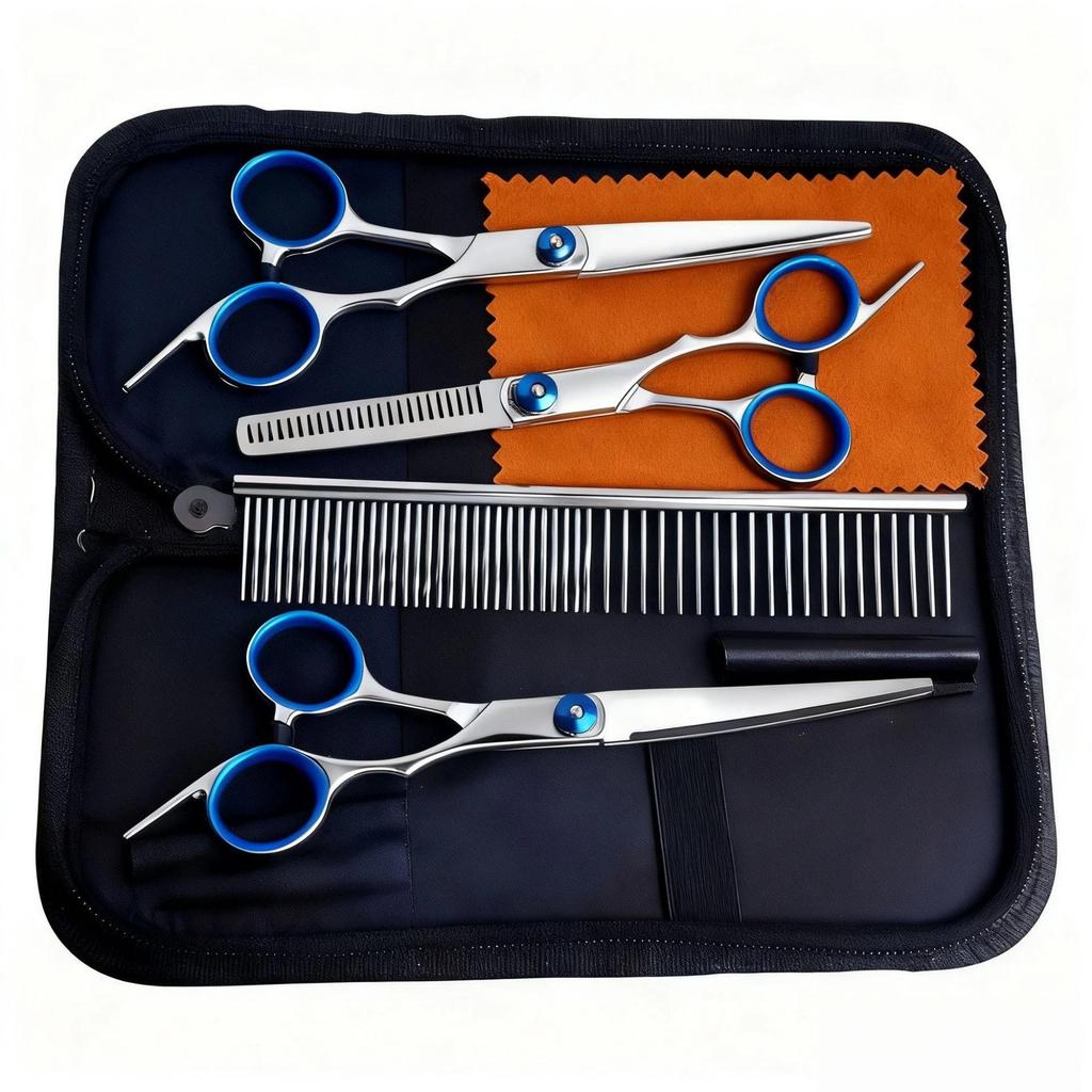 Portable Pet Grooming Scissor Set: Flat & Curved Hairdressing Tools
