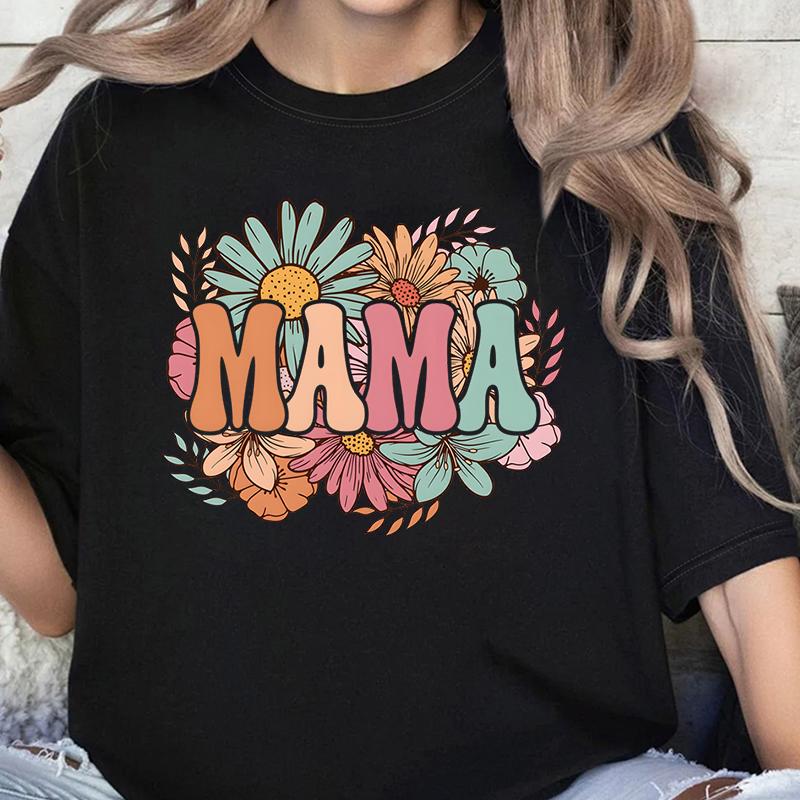 Leopard Lightning Mama Graphic T Shirts Cute Flower Bow Mom Life Vintage T Shirts New Mom Gift Wildflowers Mama Crewneck T-shirt