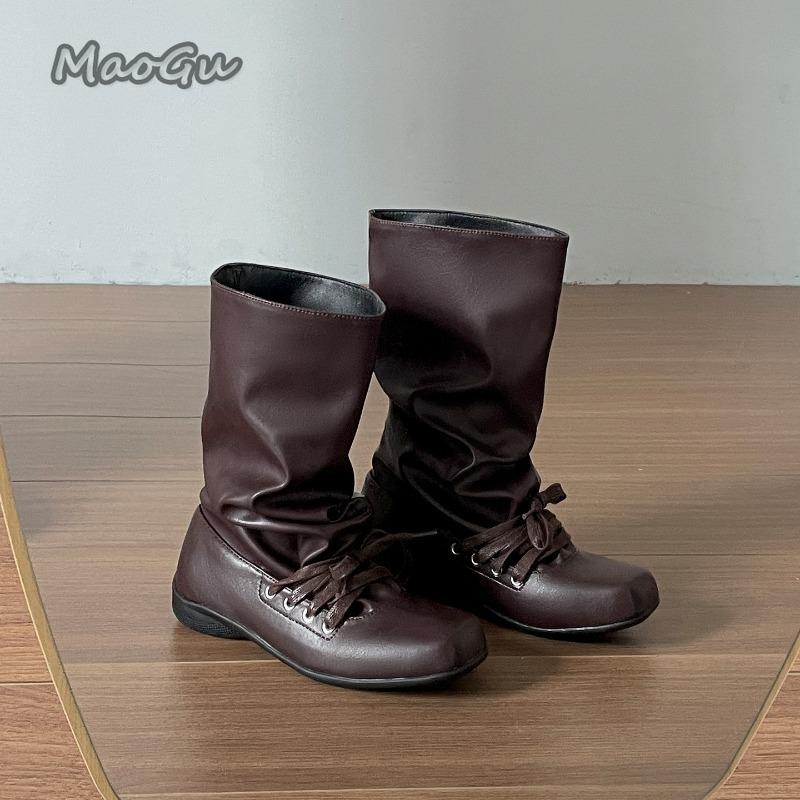 

Brown Retro Western Short Boots Women s Versatile Square Toe Pleated Mid-Calf Boots Pu Leather Casual Slip on Botas for Women 35 коричневый