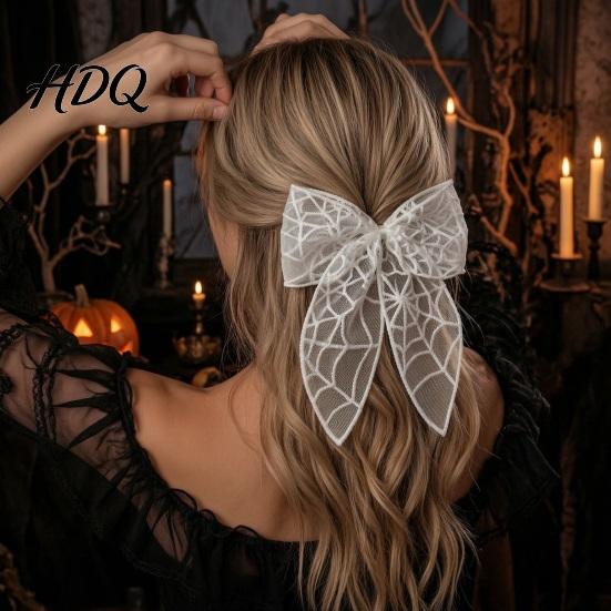 Stiff Three Dimensional Hairpin Halloween Lace Hair Bow Bat/Spider/Web Embroidery Hairpin Gothic Style Decorative Bow for Costumes Large Clip