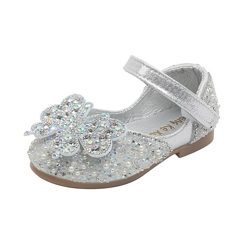 2025 Spring/Summer Korean Style Girls' Rhinestone Bow Princess Dance Leather Shoes