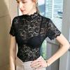 Spitze Kurzarm T-Shirt Top Damen Sommer Modisch Sexy Layout mit Hohl Wellenkante Unterlage Shirt