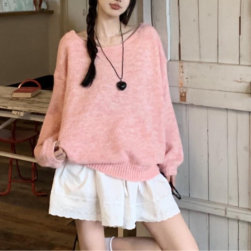 Rückenfreier Schleifen Grauer Alpaka-Wollpullover - Herbst Koreanischer Stil Slim Fit Pullover für Damen