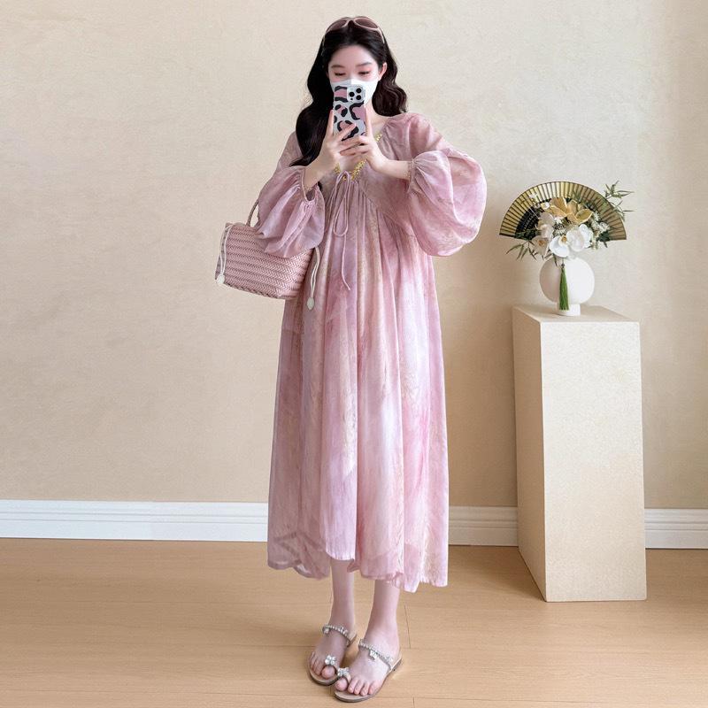 Elegant French Style V-Neck Long-Sleeved Maternity Dress - Loose Fit, Fairy-Like, Absolutely Beautiful Long Skirt Medium