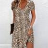 Summer Fashion Women's V Neck Short Sleeve Leopard Printed  Dress Sex Short Skirt Dresses
