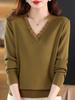 Moda de Primavera y Otoño Encaje Cuello en V Manga Larga Suéter de Punto Suéter Fino Top Camiseta Base para Mujer
