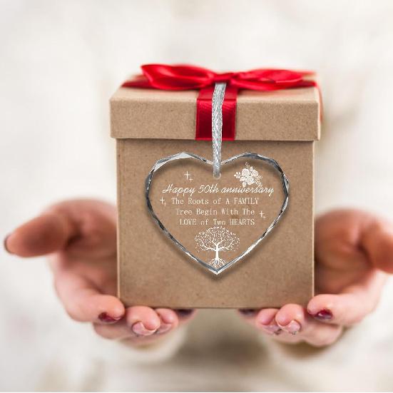 Happy 50th Anniversary Transparent Crystal Ornament, 50th Wedding Glass Memorial Keepsake Heart Plaque Unique Hanging Ornaments for Old Couples