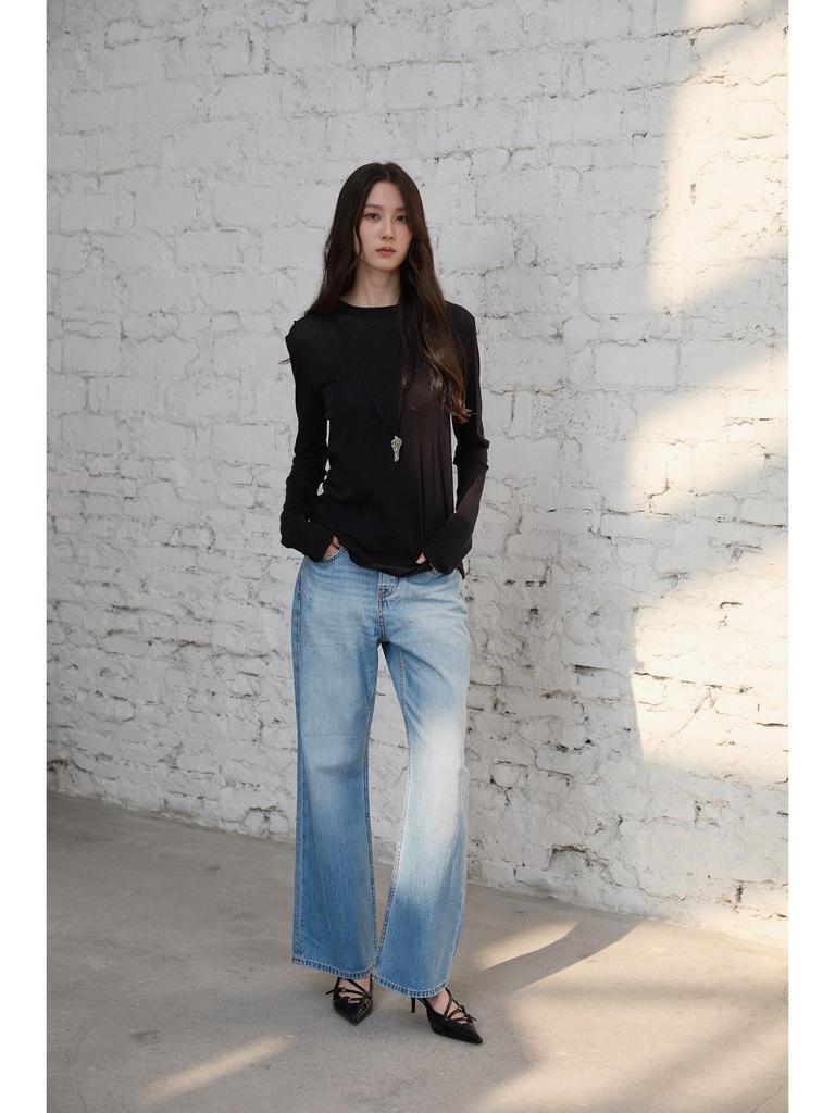 Yang Shulin Retro Snowflake Blue Jeans: Hong Kong Style Loose Slimming Flare Pants for Spring and Autumn.