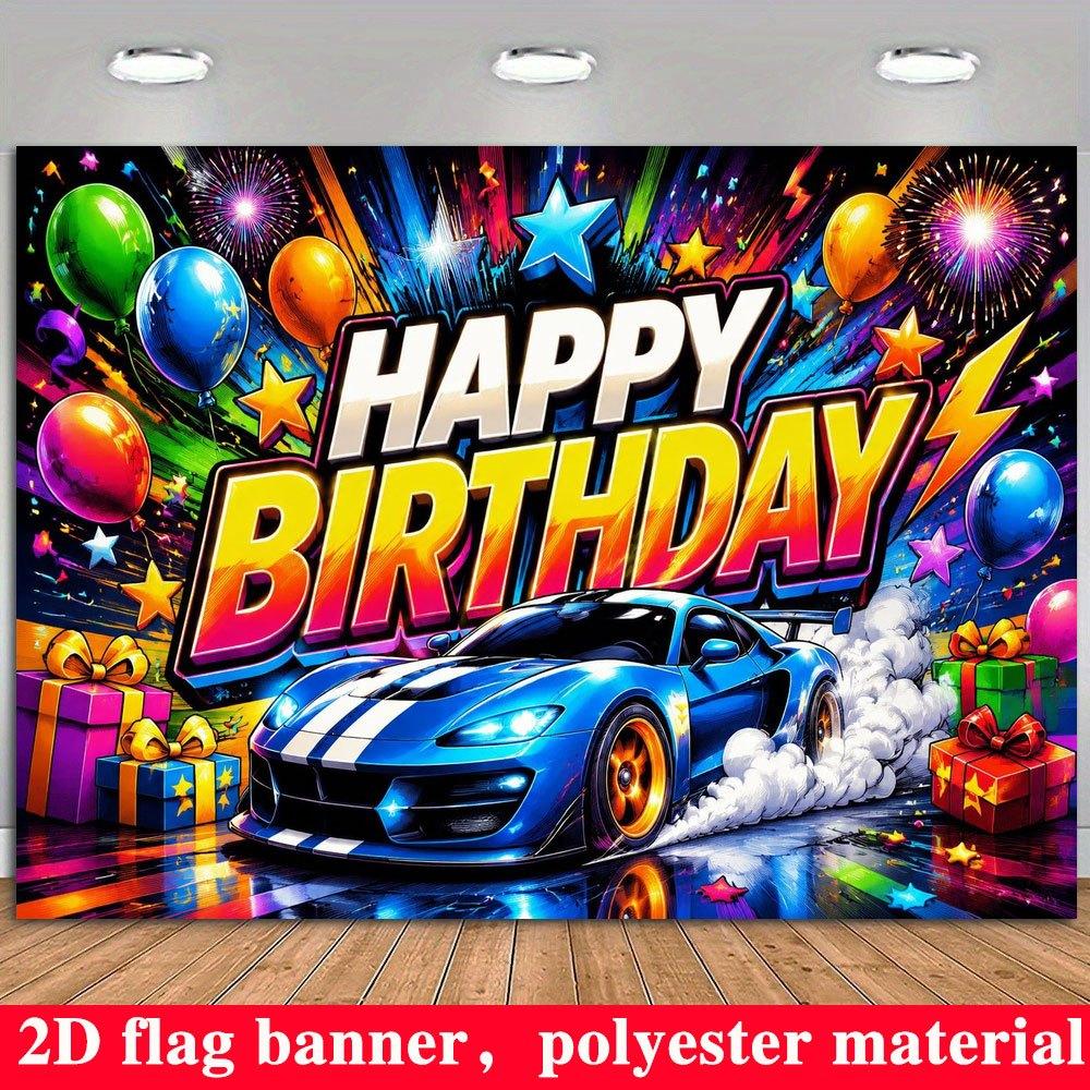 2D Flat Banner, Birthday Party Backdrop, Sports Cars, Balloons, Gift Boxes, Fireworks, Polyester