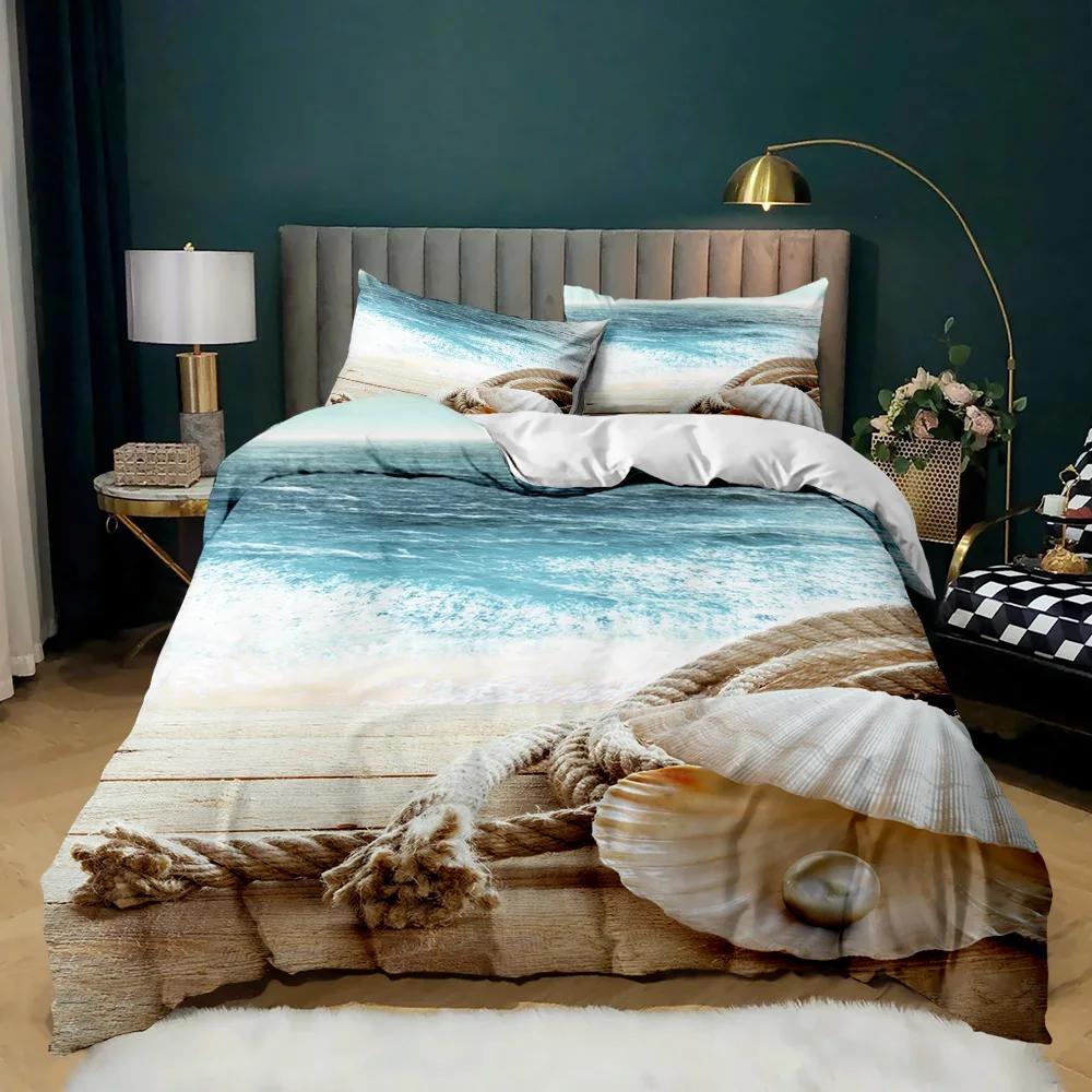 Starfish Duvet Cover Set Ocean Bedding Set Hawaiian Marine Sea Waves 3D Starfish Comforter Cover King Size Polyester Qulit Cover