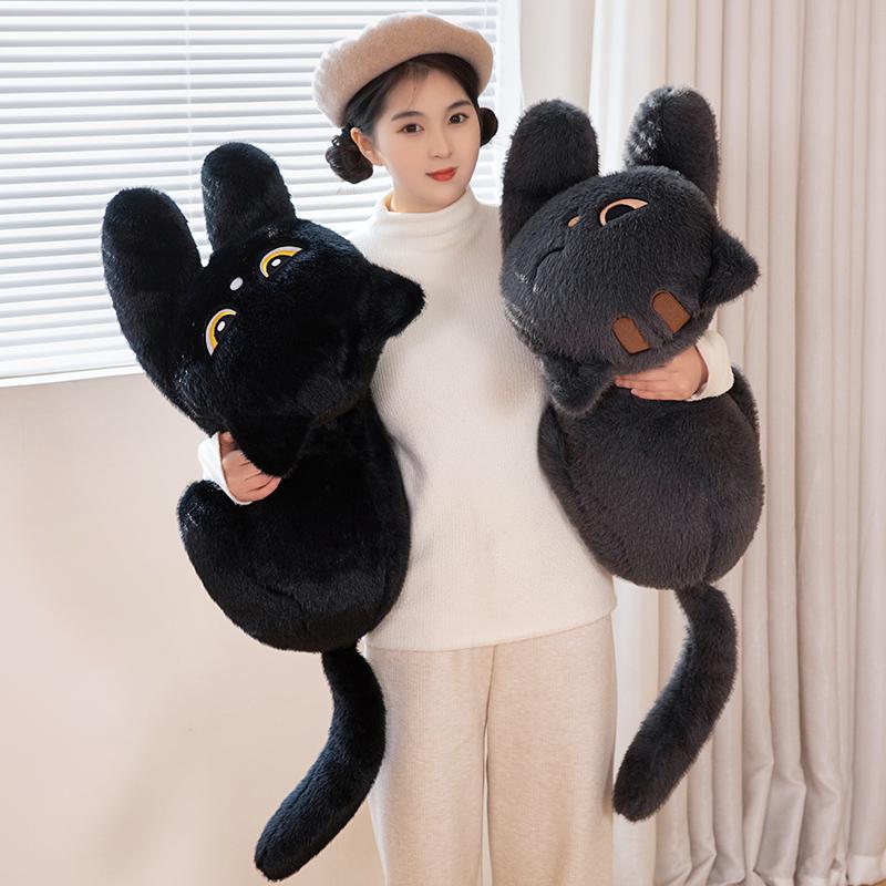 Black Cat Plush Pillow Soft Doll Stuffed Lying Cat Cushion Cute Sleeping Cat Design Lovely Birthday Gift Idea for Cat Lovers