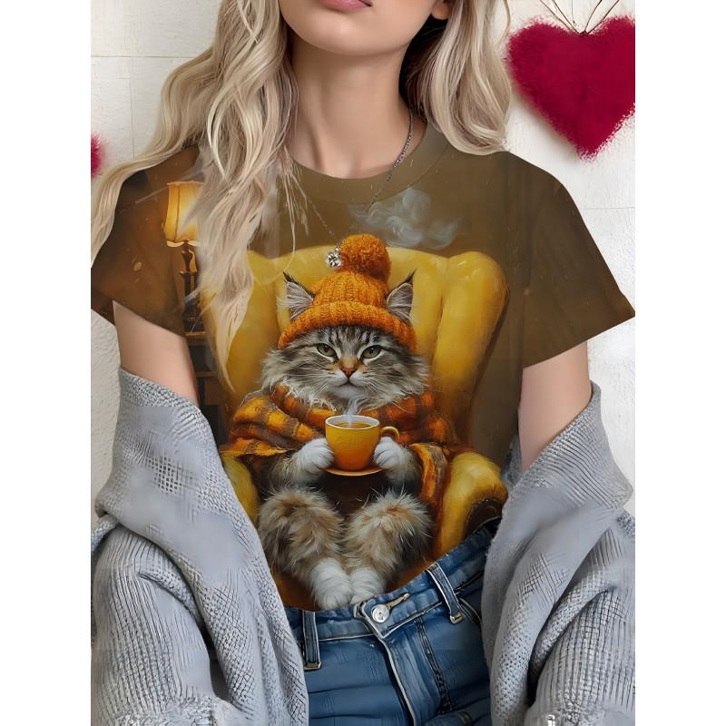 Casual Loose Fit Round Neck Short Sleeve T-Shirt With 3D Dog Print Women Men 2025