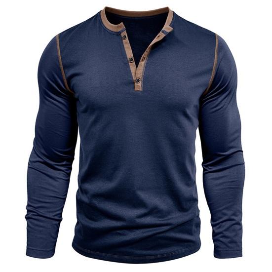 Fall Spring Men Shirt Buttoned Stand Collar Color Matching Pullover Slim Fit Mid Length Casual Daily
