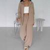 European and American Autumn Hot Women's Clothing Solid Color Cardigan Pocket Casual Wide-leg Trousers Set