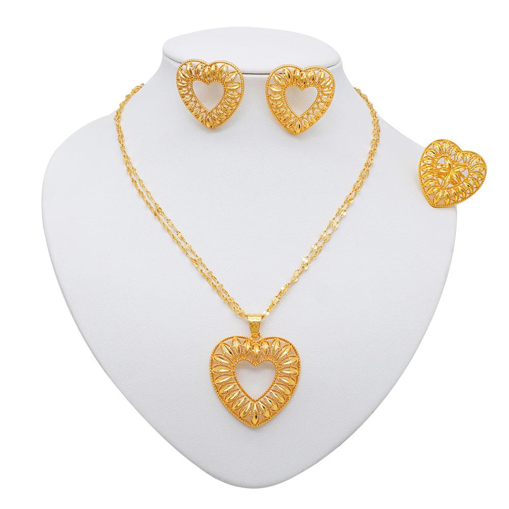 Ethiopia Dubai Gold Color Jewelry Set For Women Flower Pendant Ring Earrings 3 Piece Wedding Jewelry Accessories Jewelry