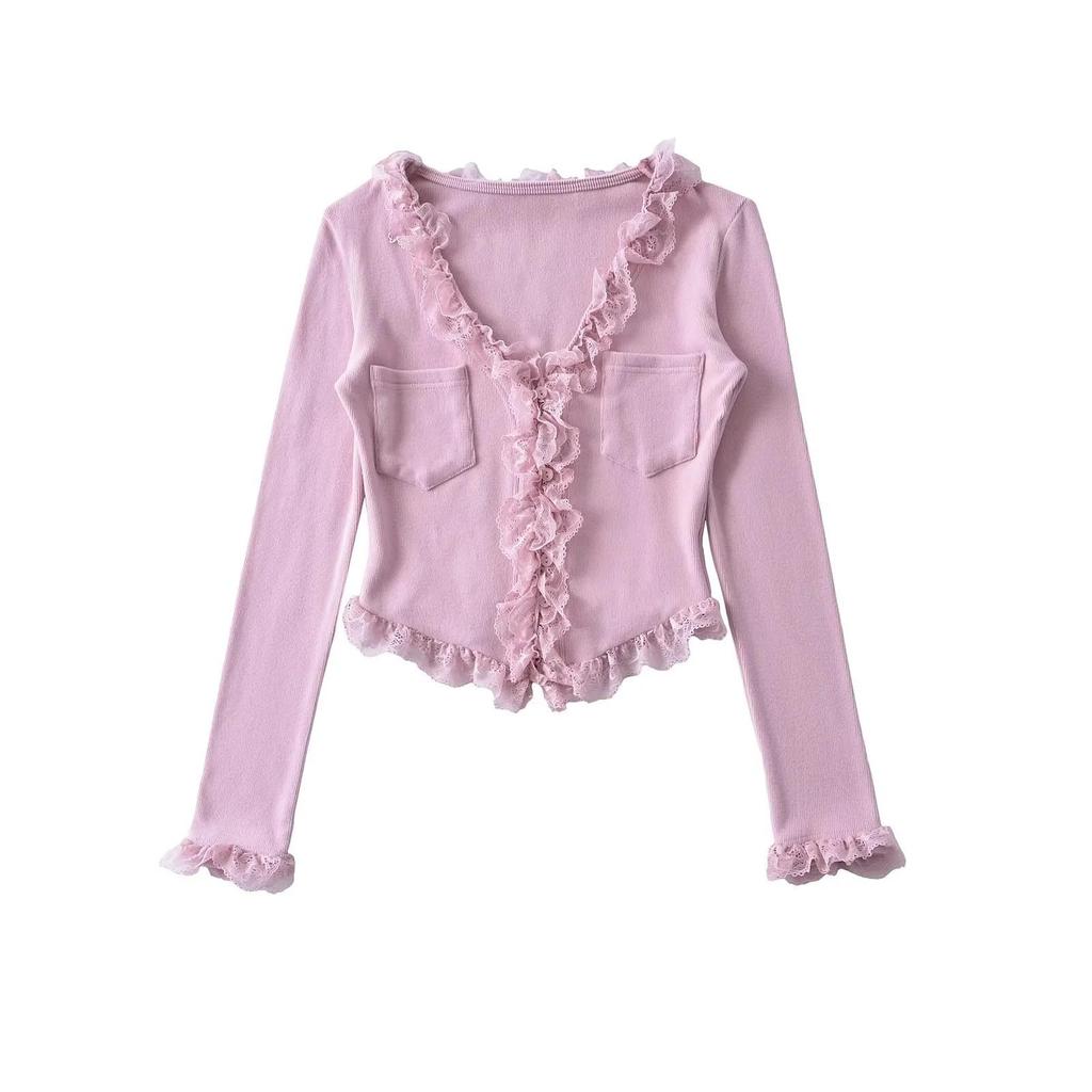 Sweet Lace Trim Patchwork V-Neck Women's Long Sleeve Slim Fit T-Shirt for Spring 2025
