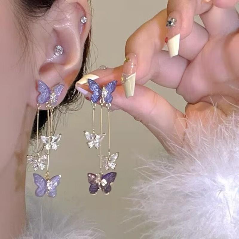 Romantic Purple Butterfly Drop Earrings for Women Shiny Rhinestone Crystal Long Tassel Earrings Delicate Wedding Party Jewelry