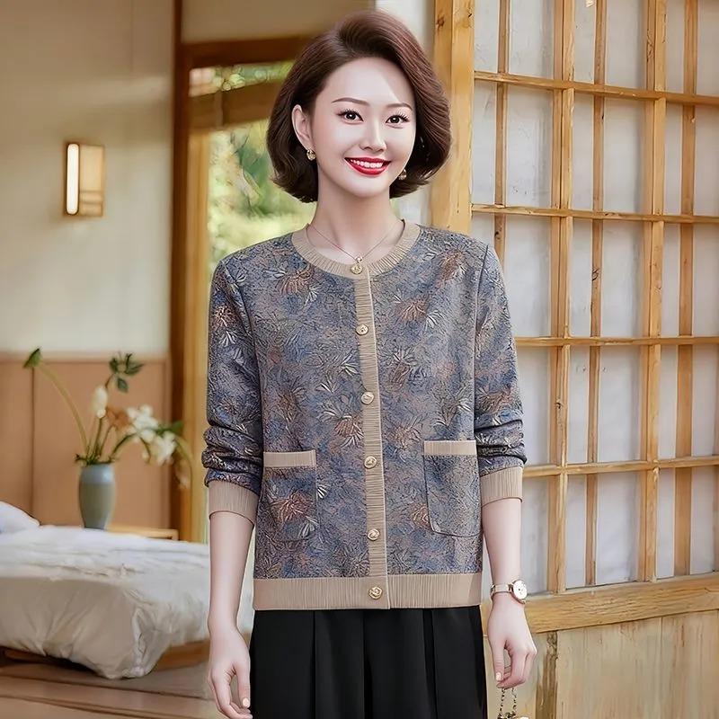 Modische Retro-bedruckte lockere Jacke mit Knopf und Tasche, langärmliger Cardigan-Top für Damen