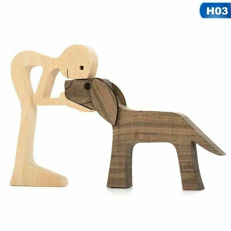 Hand Carved Wooden Unpainted Dog Human Carving Figurine Statue Unfinished Gift