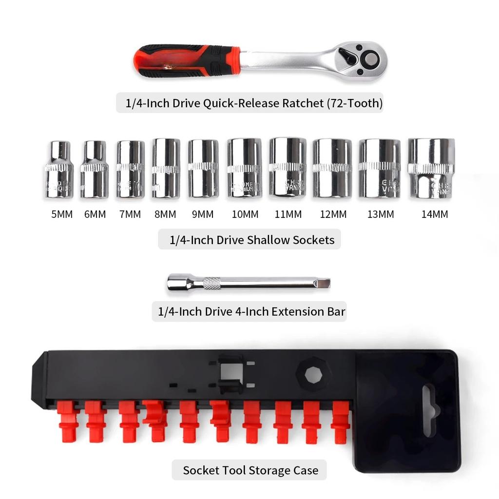12PCS 1 4 Inch Drive Socket Wrench Set 72 Tooth Quick Release Ratchet Handle 10 Sockets Extension Bar 2 Way Reversible Tool Kit