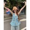 Summer New Women's Plaid V-neck Sleeveless Vest Ruffle Pleated Top