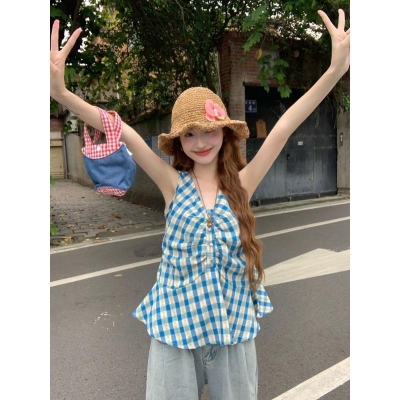 Summer New Women's Plaid V-neck Sleeveless Vest Ruffle Pleated Top