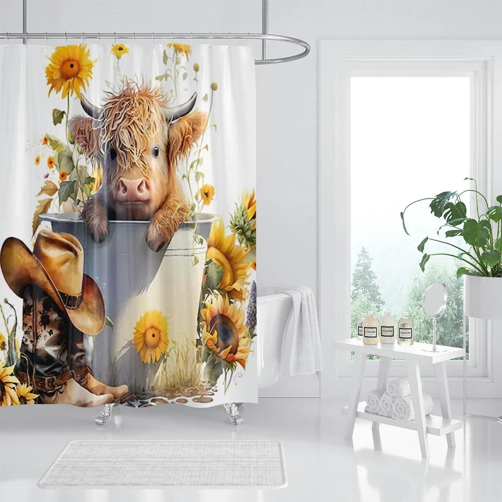 Funny Highland Cow Shower Curtain Farm Animal Sunflower Watercolour Flowers Farmhouse Polyester Fabric Bathroom Decor with Hooks
