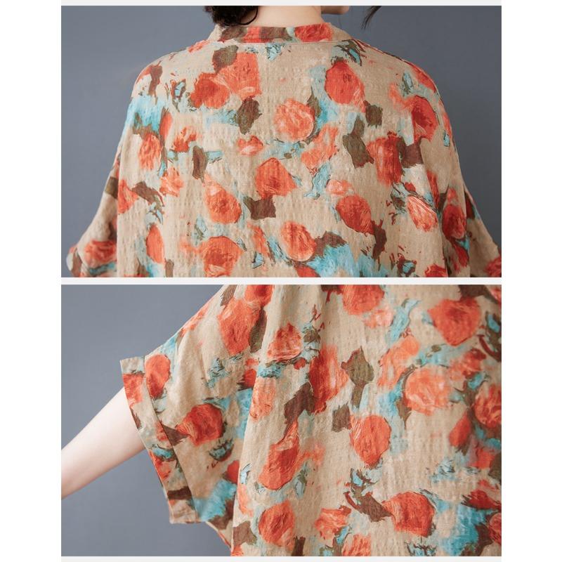 DIMANAF 2025 Sommer Damen Druck Übergröße Langes Leinenkleid Kurzarm Vintage Casual V-Ausschnitt Basic Lockeres Kleid