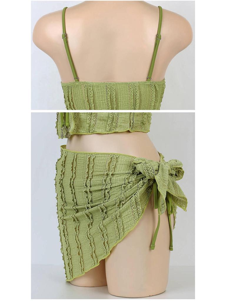 TAKU Korean Style Girlish Slim-Fit Swimsuit Set: Three-Piece Cover-Up with Split Design for Small Busts, Perfect for Vacations and Hot Springs.