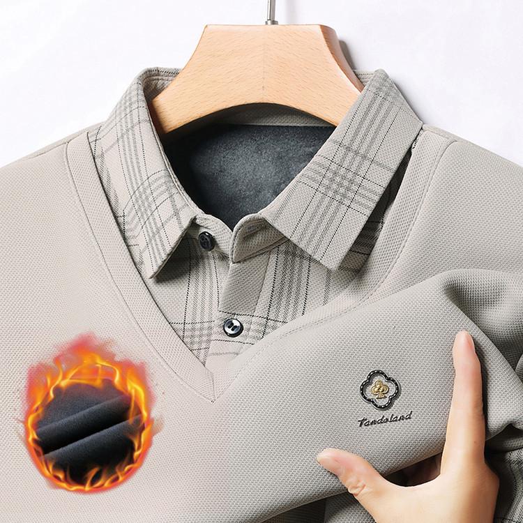Men's Autumn/Winter Faux Two-Piece Fleece Polo Base Layer Shirt