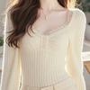 V-neck Lace Knitted Base Layer for Women, Paired with A Slimming Autumn New High-end Sweater Short Top